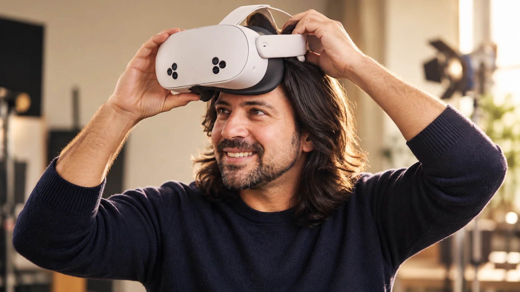 Alex Davila putting on a Meta Quest 3S headset — creative studio visual