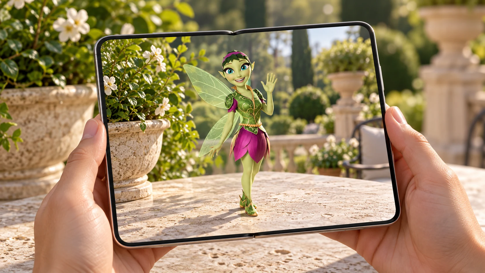 The Green Fairy on a folding phone screen — illustrative augmented reality concept