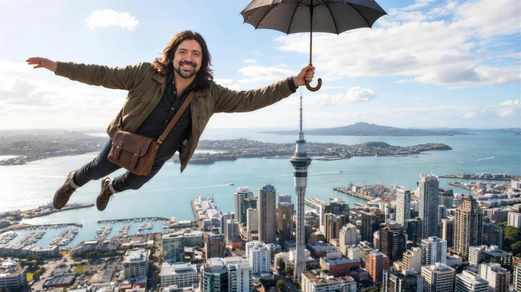 Alex Davila flying with an umbrella above Auckland, an AI creative studio visual
